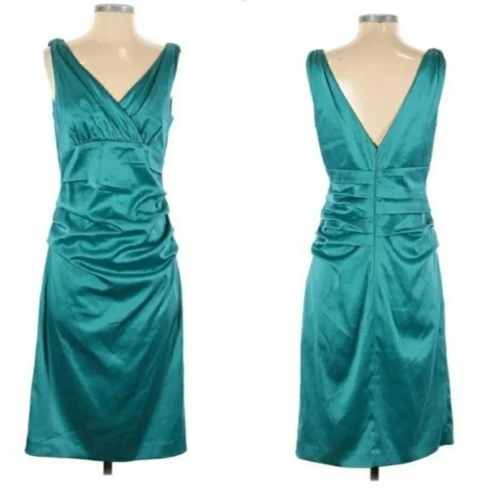 Suzi Chin Dress Y2K Cocktail Ruched Draped Surplice Satin Slip Teal